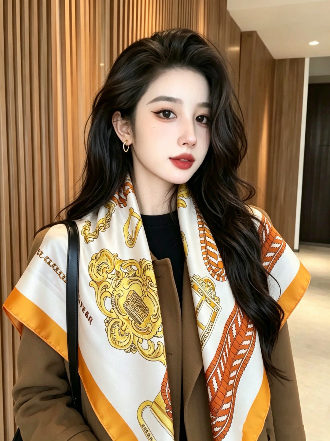 Hermes Style Boucles et Sangles Equestrian Silk Scarf - Orange - Model Worn Main Image