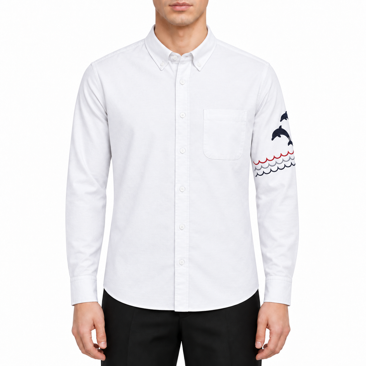 Men's Embroidered Shirt by Thom Browne, modeled on a pure white background