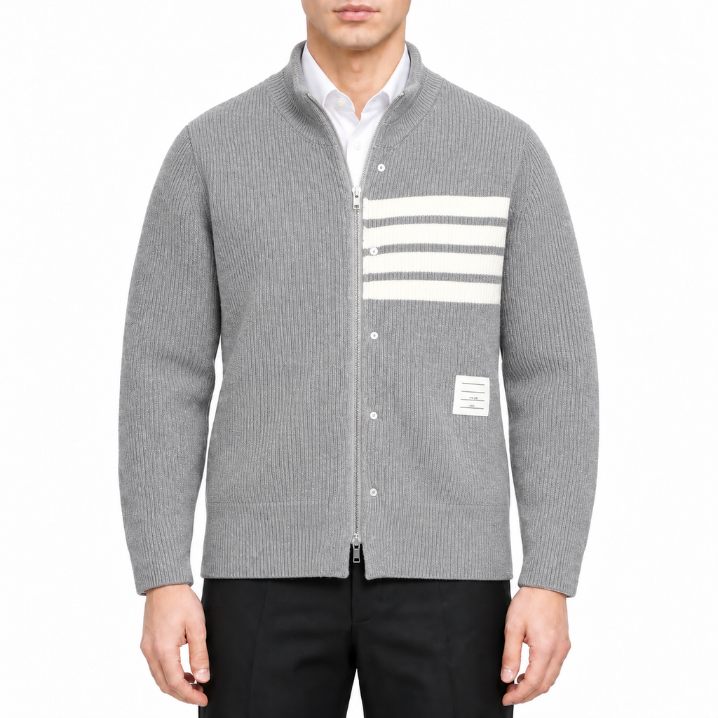 Unisex double-sided fake two-piece jacket by Thom Browne, modeled on a pure white background