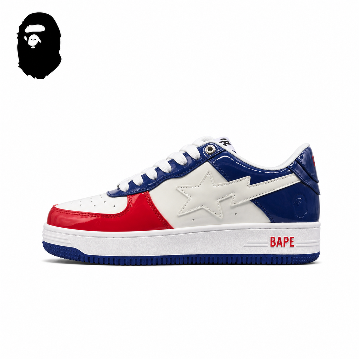 Women's BAPE STA Low-Top Sneakers - White/Navy/Red, single side view on a white background