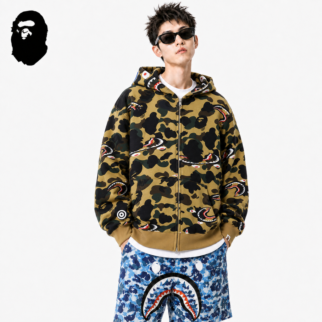 BAPE 1st Camo Shark Zip Hoodie - Green & Yellow styled on a male model
