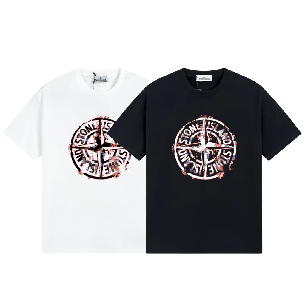 Stone Island Distressed Red Compass Graphic Cotton T-Shirt - Black product detail view