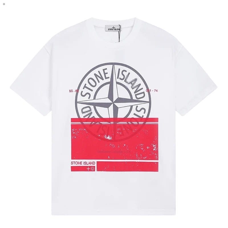 Stone Island Red Panel Compass Graphic Cotton T-Shirt - White front view