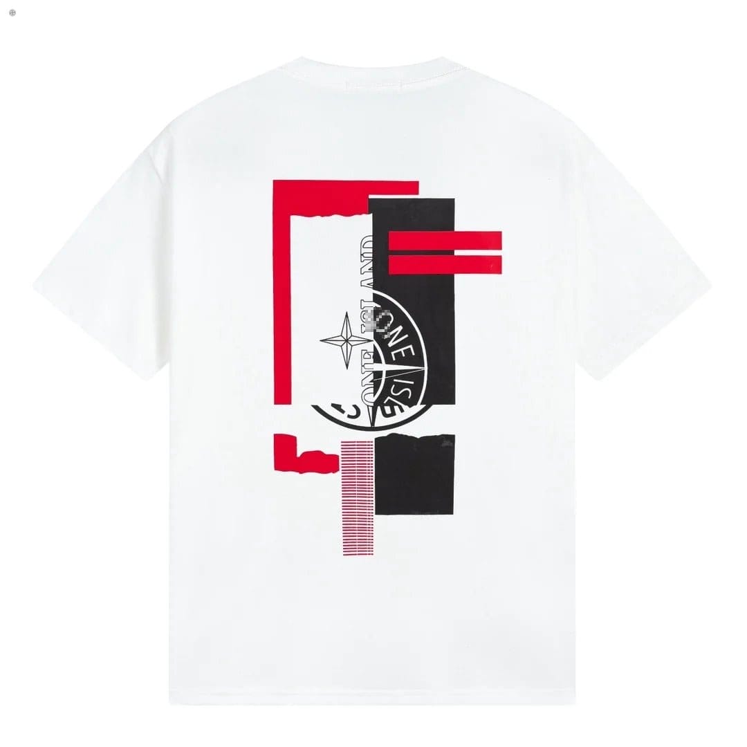 Stone Island Red Black Abstract Compass Back T-Shirt - White back view