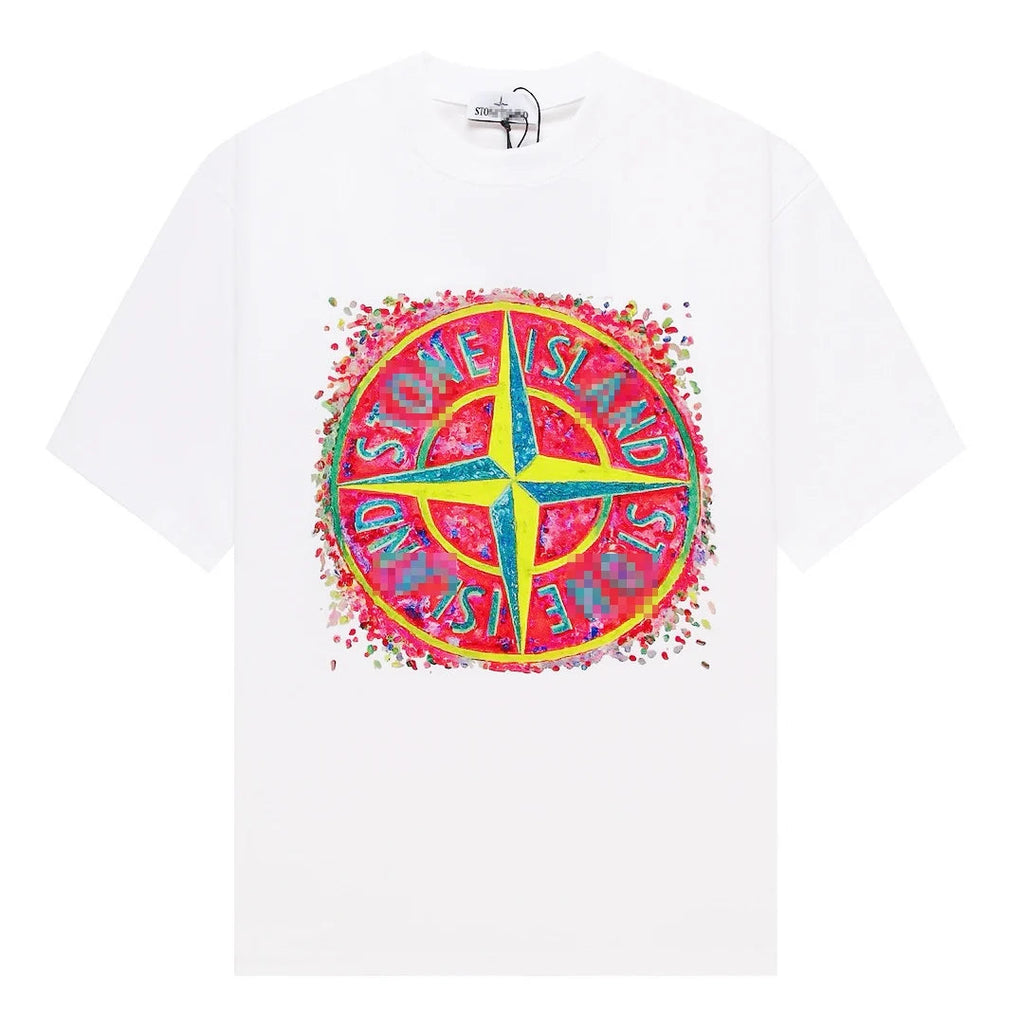Stone Island Color Splash Compass Graphic Cotton T-Shirt - White front view