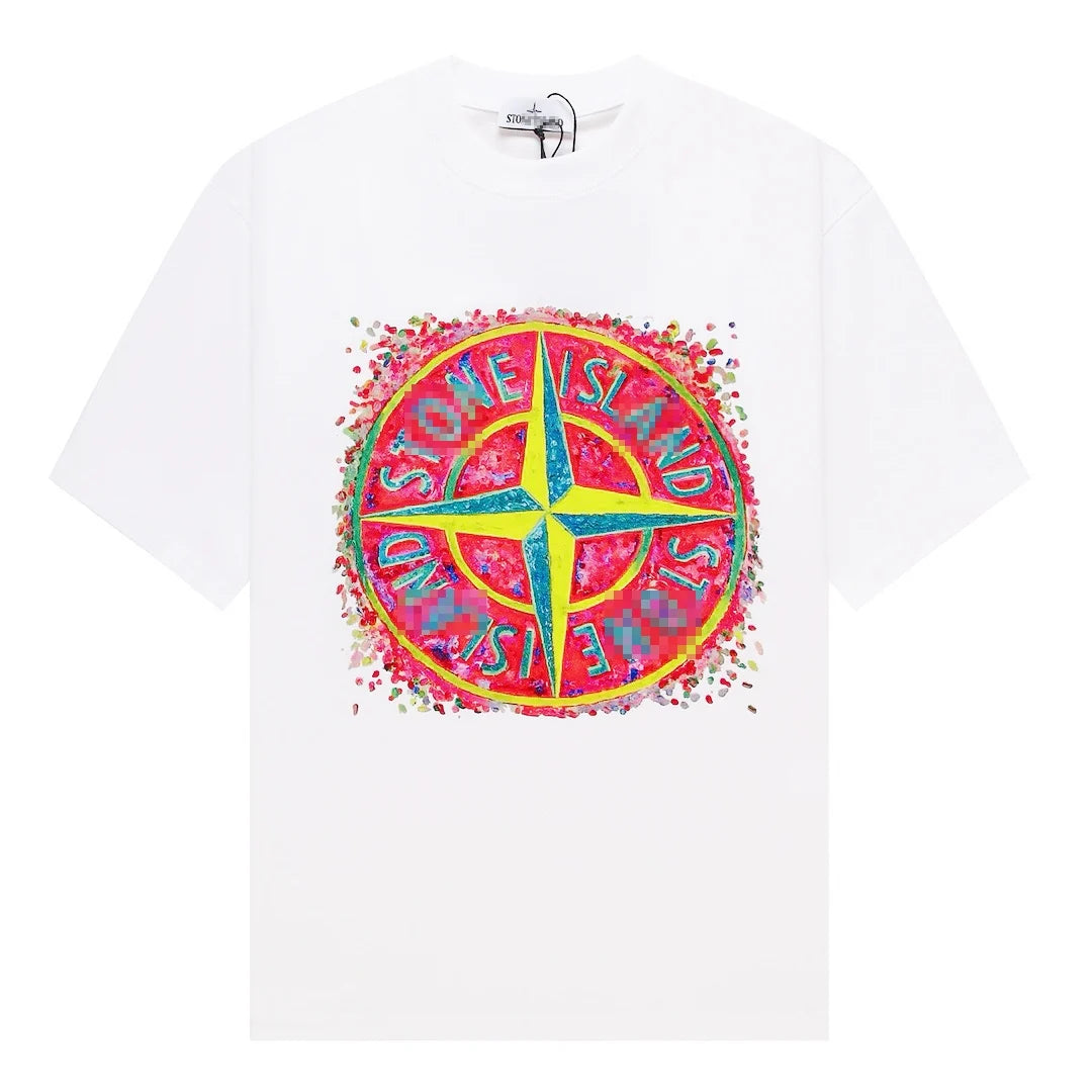 Stone Island Color Splash Compass Graphic Cotton T-Shirt - White front view