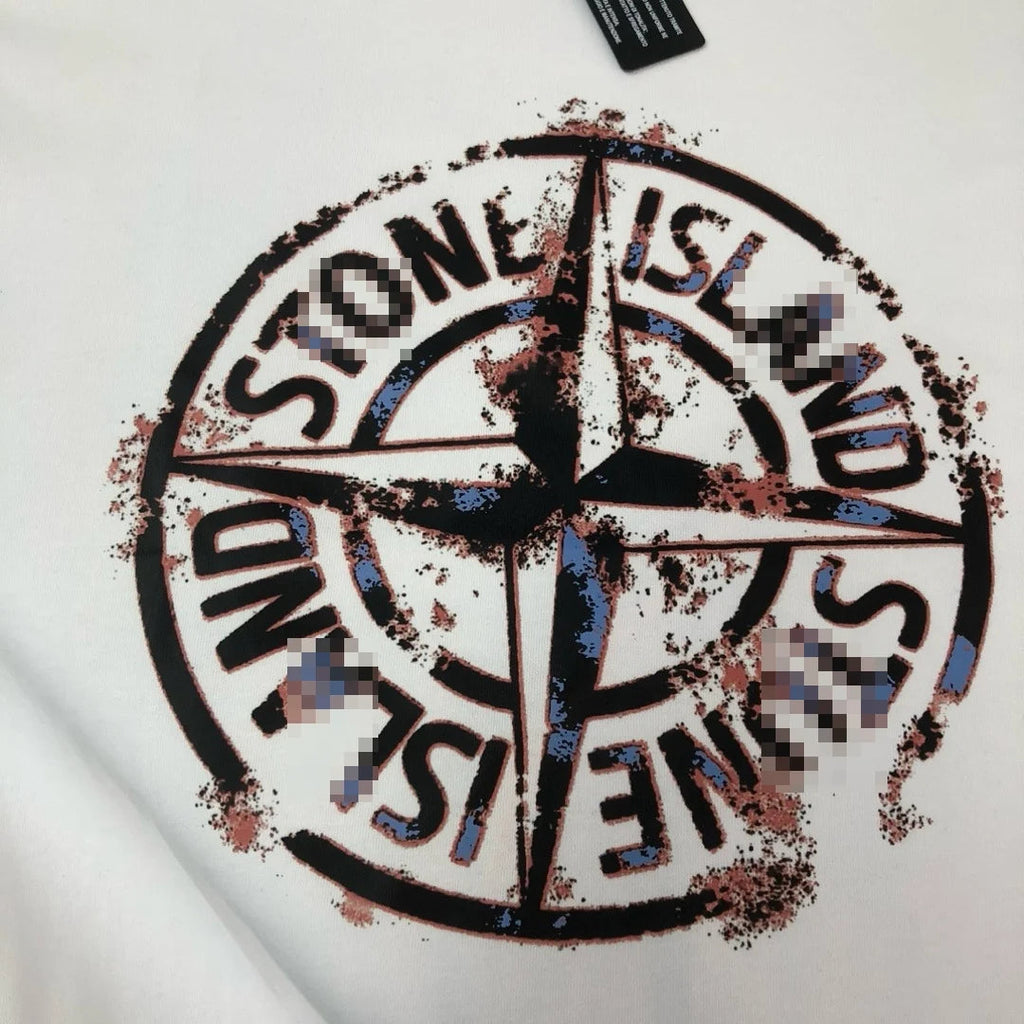 Stone Island Distressed Red Compass Graphic Cotton T-Shirt - Black product detail view