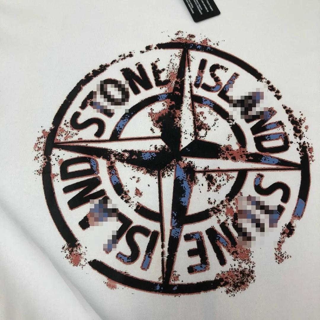Stone Island Distressed Red Compass Graphic Cotton T-Shirt - Black product detail view
