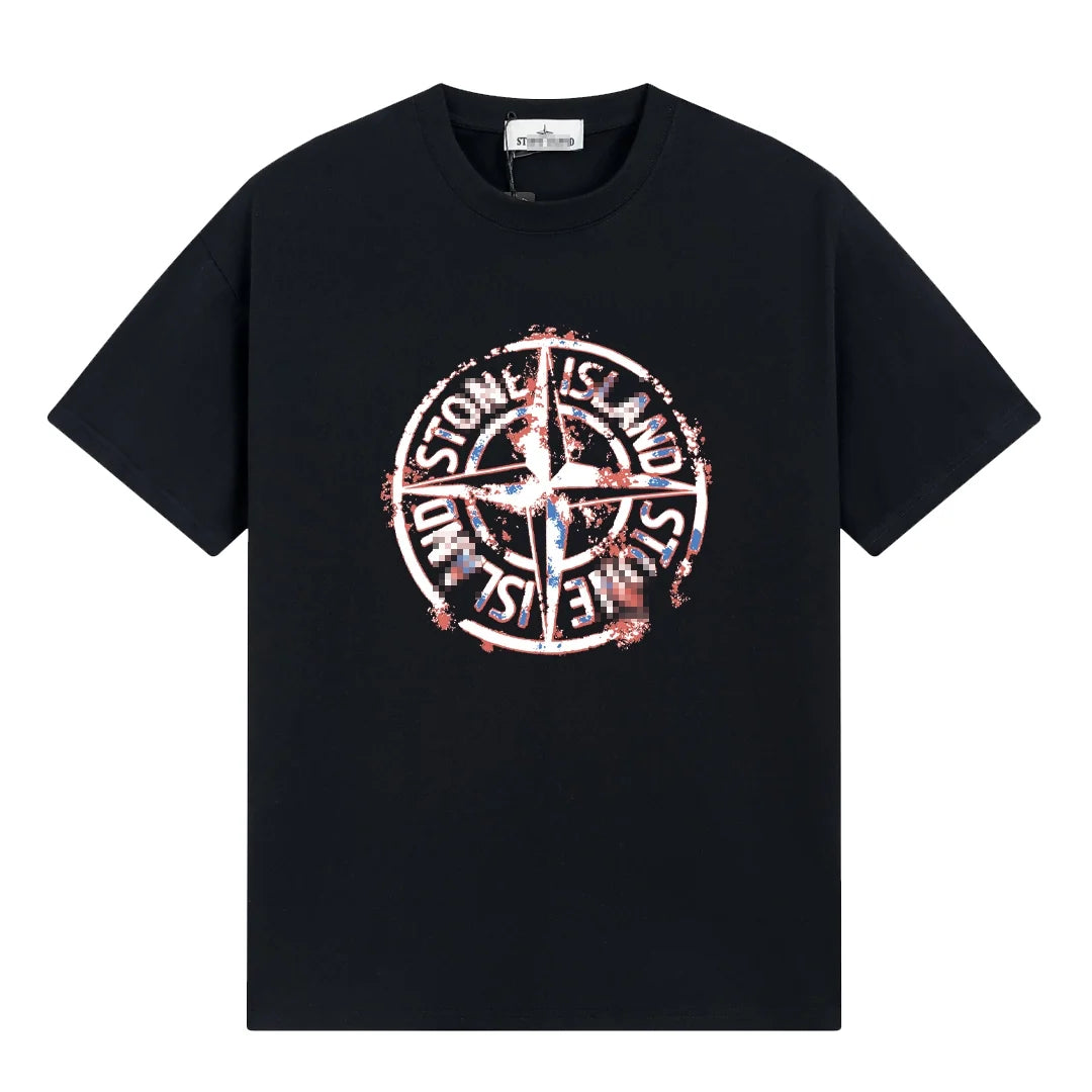 Stone Island Distressed Red Compass Graphic Cotton T-Shirt - White front view