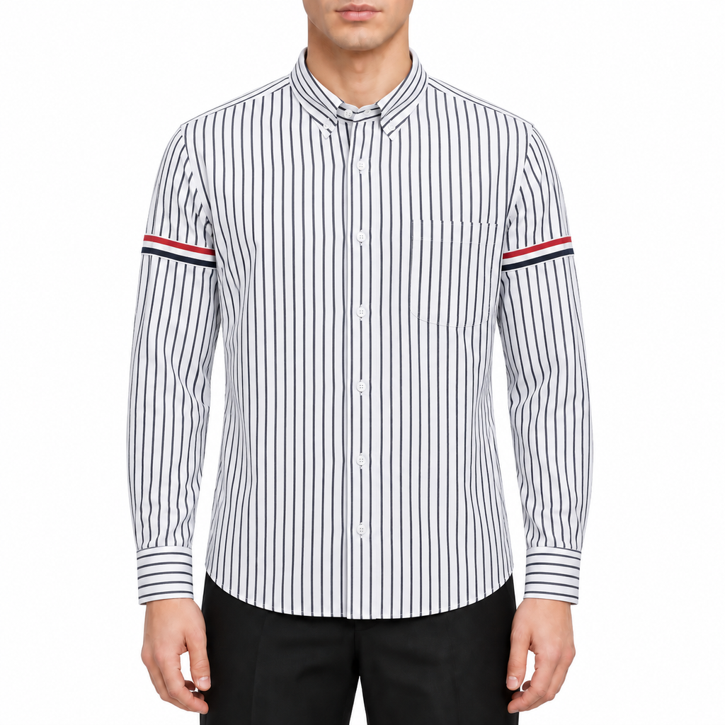 Classic Four-Bar Striped Dress Shirt - 100% Cotton Made in Japan by Thom Browne, modeled on a pure white background