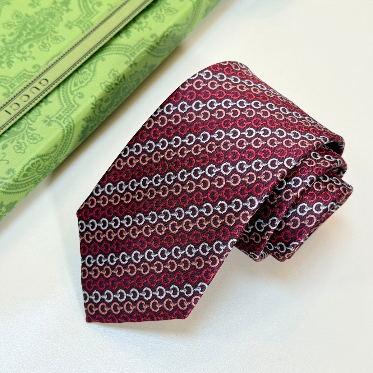 Gucci Style Men's Chain Stripe Jacquard Silk Tie - Detail Image 8