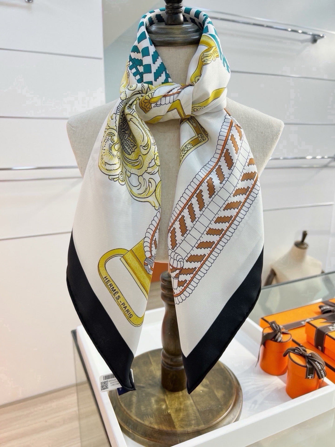 Hermes Style Boucles et Sangles Equestrian Silk Scarf - Black - Detail Image 7
