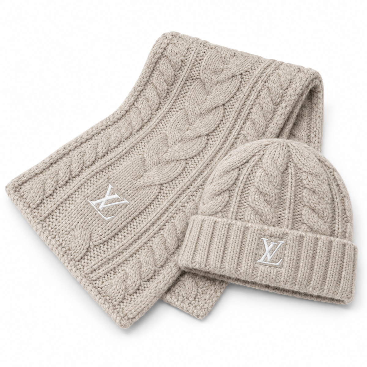 Louis Vuitton Style Cable-Knit Scarf and Beanie Set in Beige