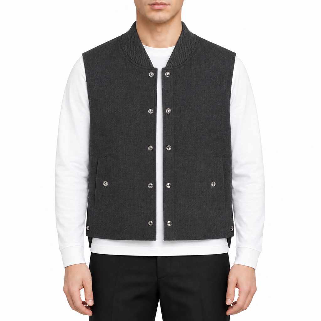 Unisex vest jacket by Thom Browne, modeled on a pure white background