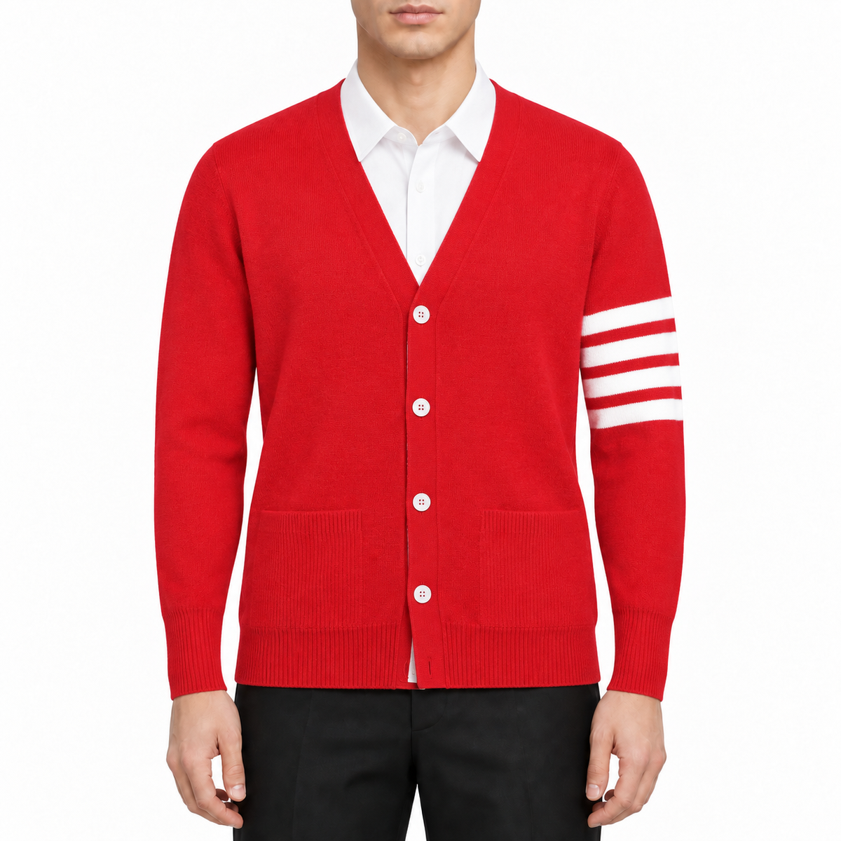 sweater jacket by Thom Browne, modeled on a pure white background