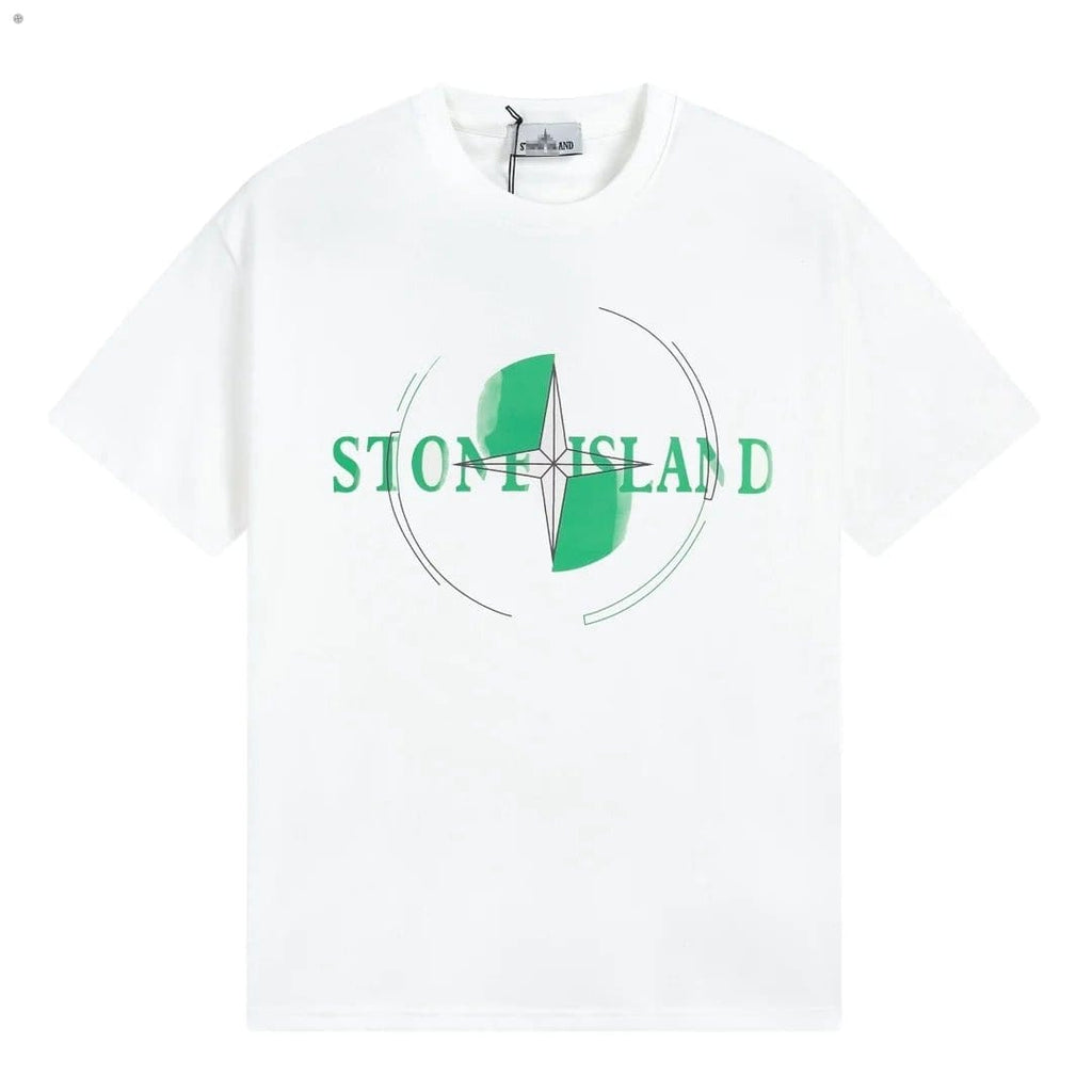 Stone Island Green Orbital Wordmark Cotton T-Shirt - White front view