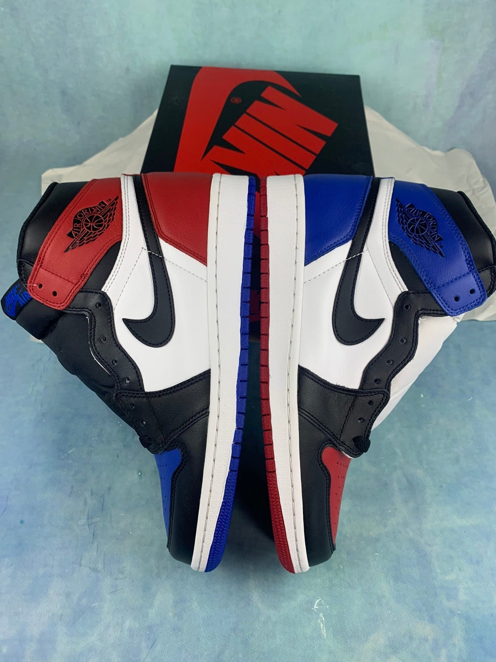 Air Jordan 1 High White, Blue, and Red Asymmetrical Pair Unisex Sneakers detail view 4