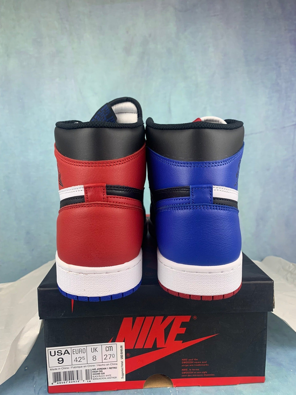 Air Jordan 1 High White, Blue, and Red Asymmetrical Pair Unisex Sneakers detail view 5