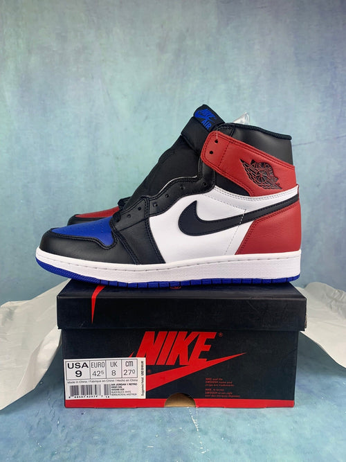 Air Jordan 1 High White, Blue, and Red Asymmetrical Pair Unisex Sneakers detail view 2