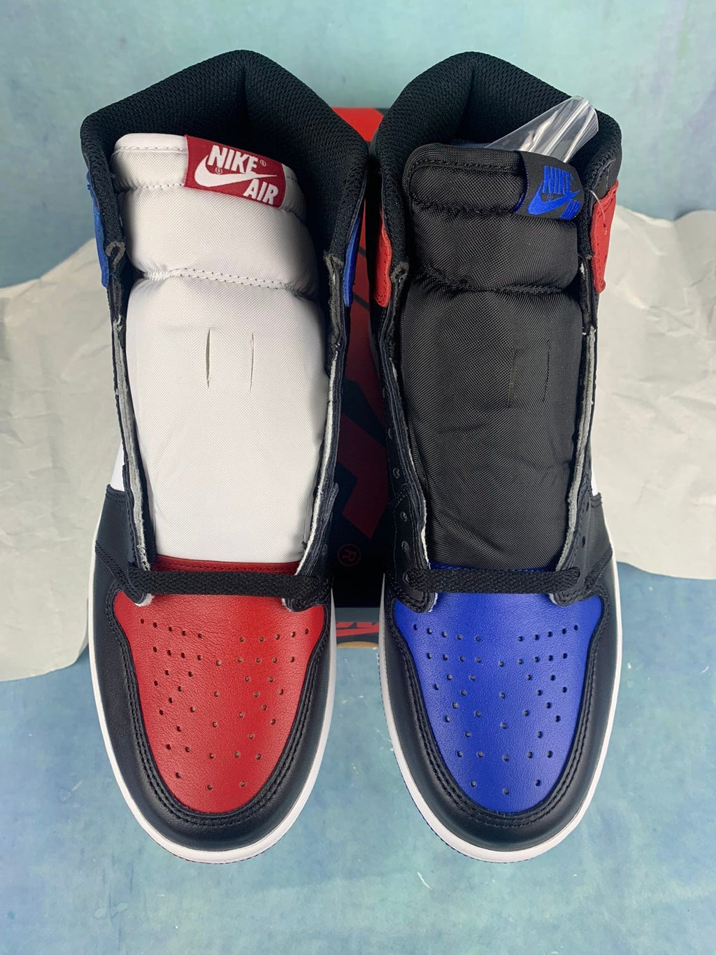 Air Jordan 1 High White, Blue, and Red Asymmetrical Pair Unisex Sneakers detail view 7