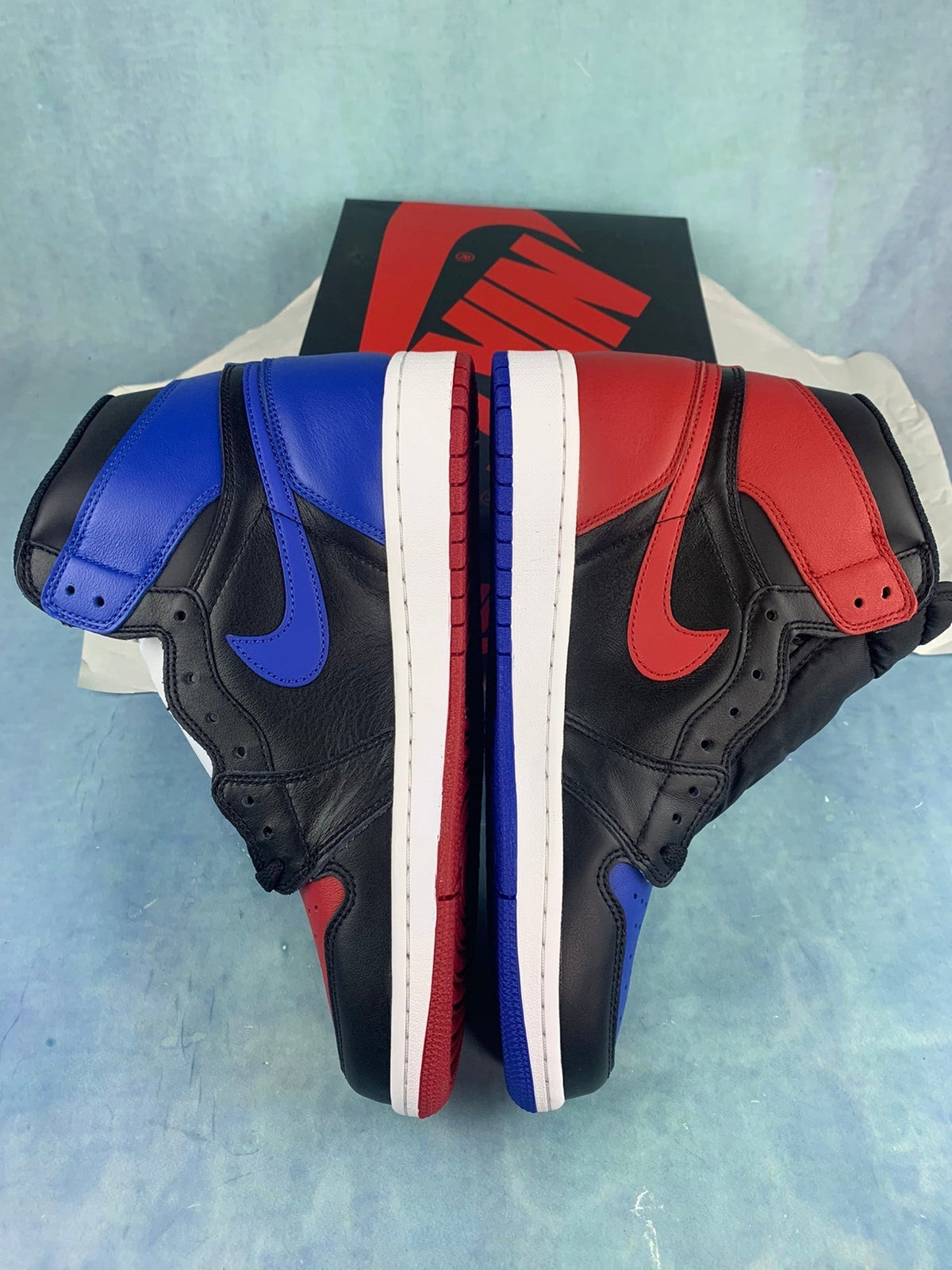 Air Jordan 1 High White, Blue, and Red Asymmetrical Pair Unisex Sneakers detail view 3