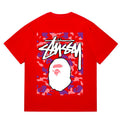BAPE x Stussy Pink Camo Back Print Men's T-Shirt - Red