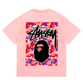 BAPE x Stussy Red Camo Back Print Men's T-Shirt - Pink