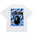 BAPE x Stussy Blue Camo Back Print Men's T-Shirt - White