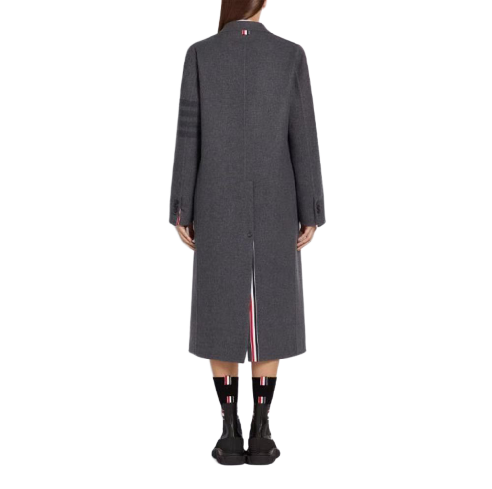 Unisex long wool coat by Thom Browne, outerwear detail view