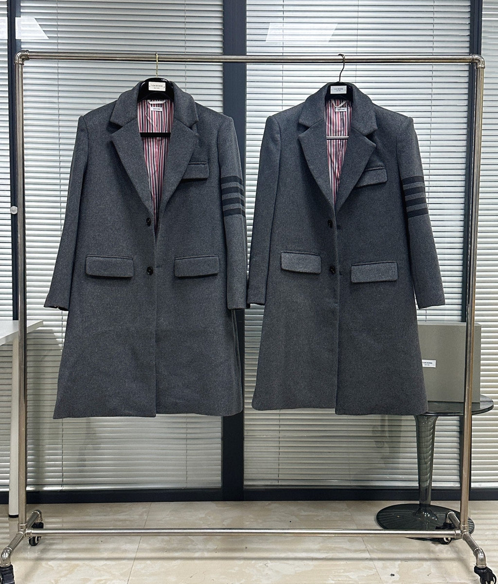 Unisex long wool coat by Thom Browne, outerwear detail view