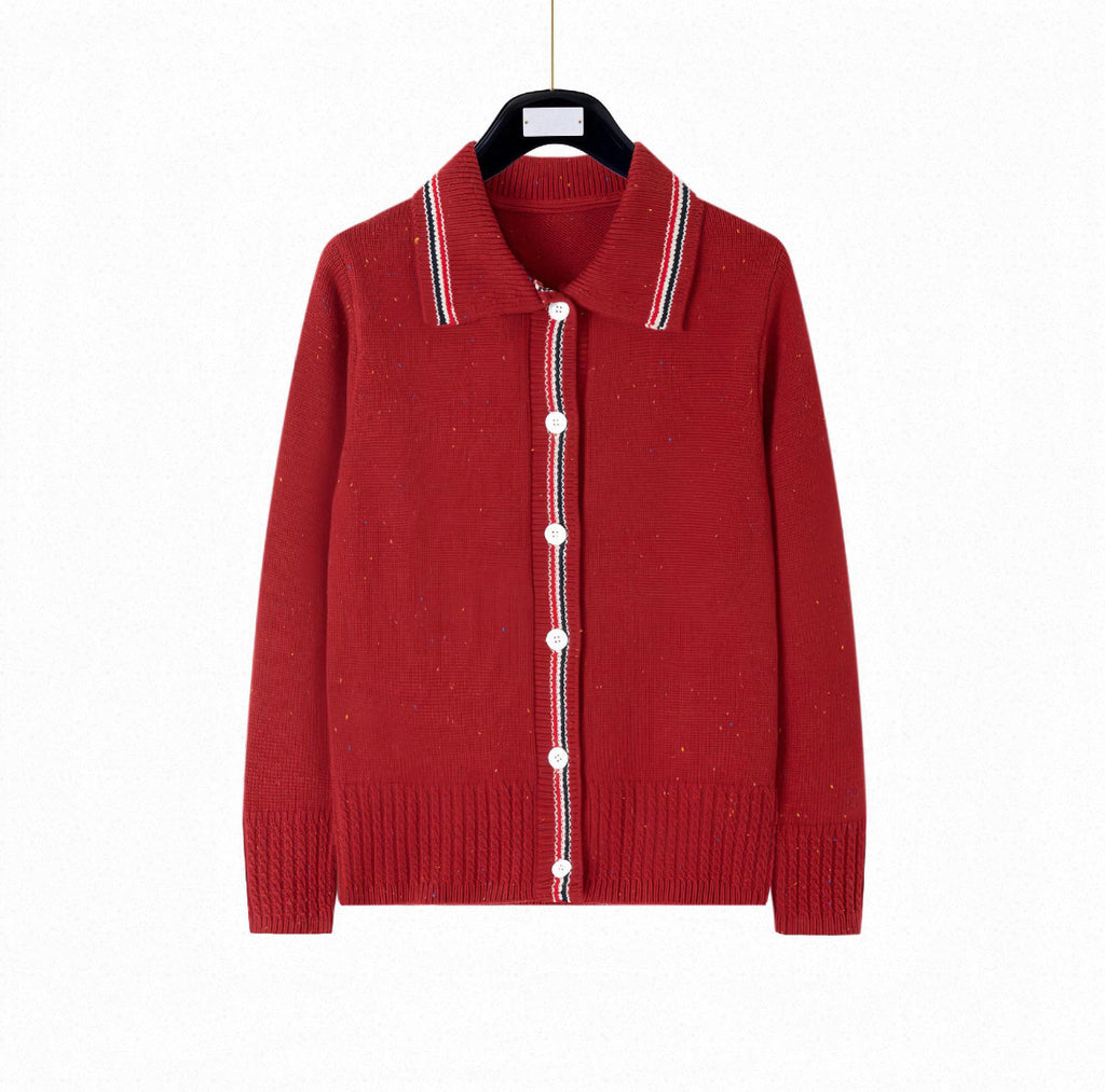 Thom Browne Style Dog Motif Polo-Collar Wool Cardigan