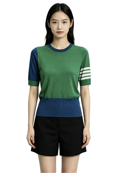 Color-Block Crew-Neck Short-Sleeve Knit Top