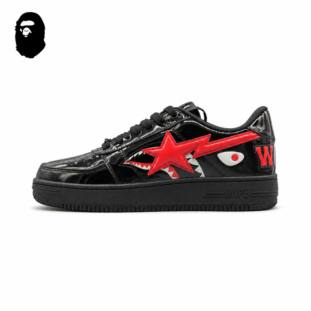 BAPE STA Shark Low-Top Sneakers - Black/Red, single side view on a white background