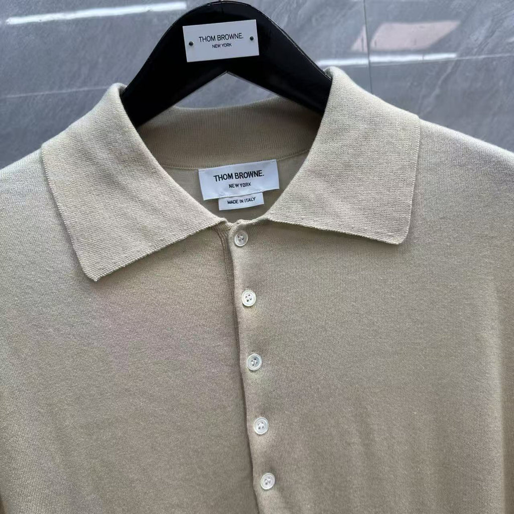 Four-Bar Polo Collar Short Sleeve Shirt by Thom Browne, product detail view
