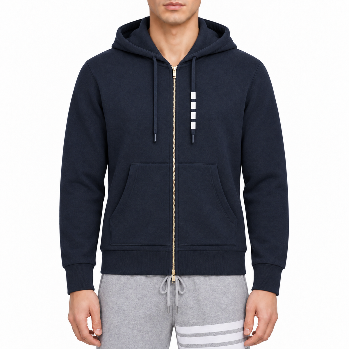 Four-bar Hoodie by Thom Browne, modeled on a pure white background
