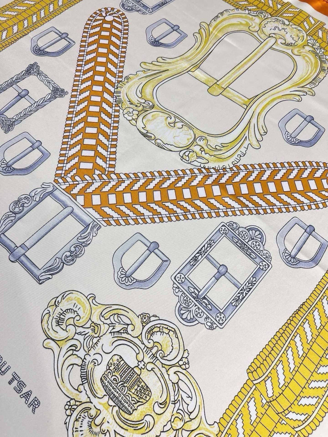 Hermes Style Boucles et Sangles Equestrian Silk Scarf - Yellow - Detail Image 2
