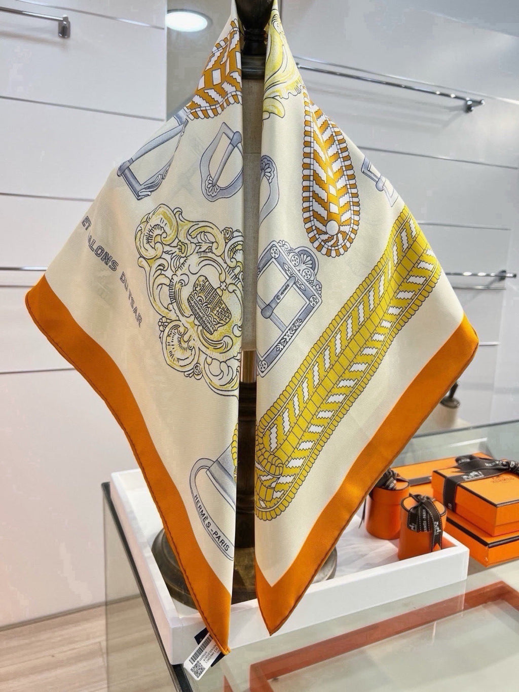 Hermes Style Boucles et Sangles Equestrian Silk Scarf - Yellow - Detail Image 3
