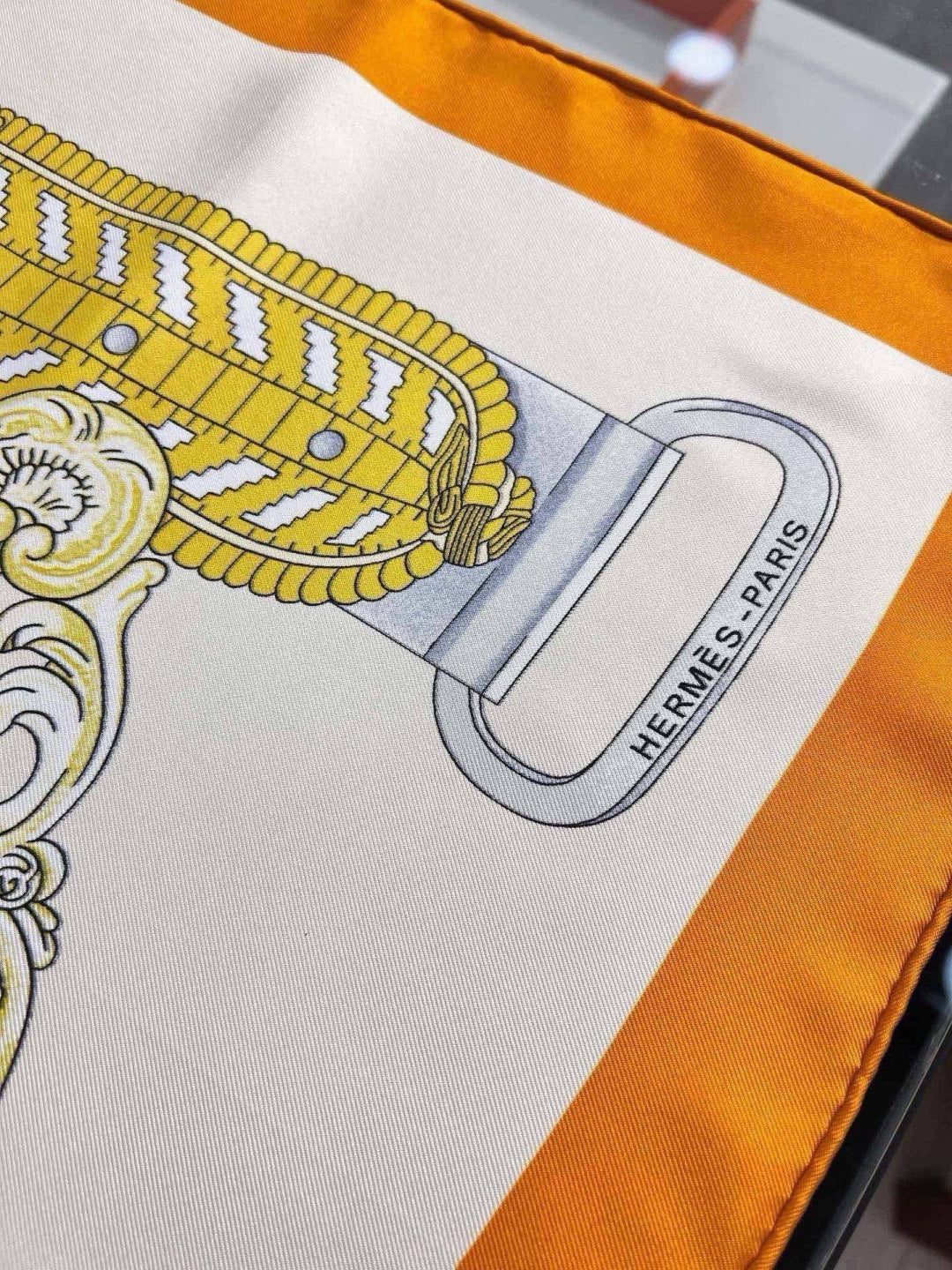 Hermes Style Boucles et Sangles Equestrian Silk Scarf - Yellow - Detail Image 4