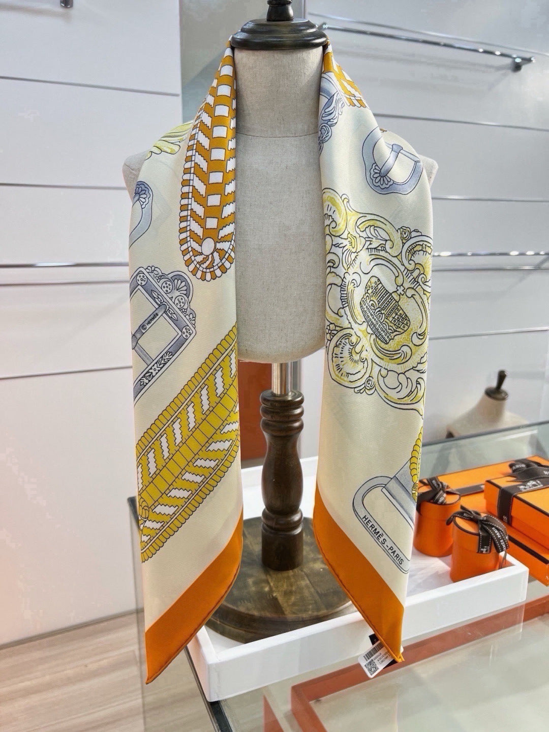 Hermes Style Boucles et Sangles Equestrian Silk Scarf - Yellow - Detail Image 5