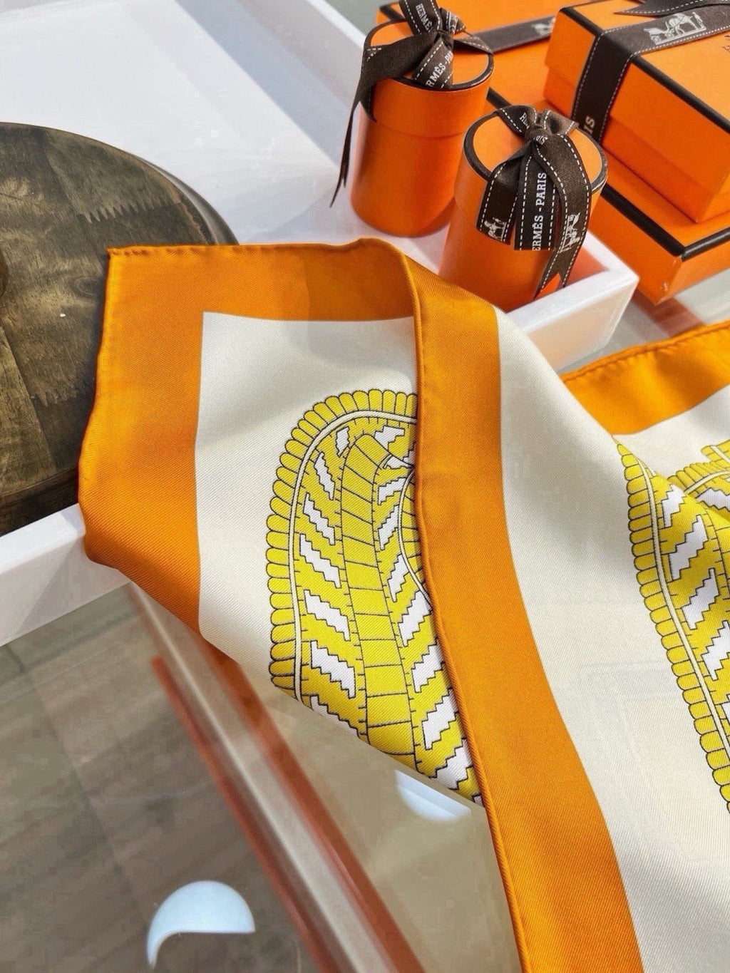 Hermes Style Boucles et Sangles Equestrian Silk Scarf - Yellow - Detail Image 6