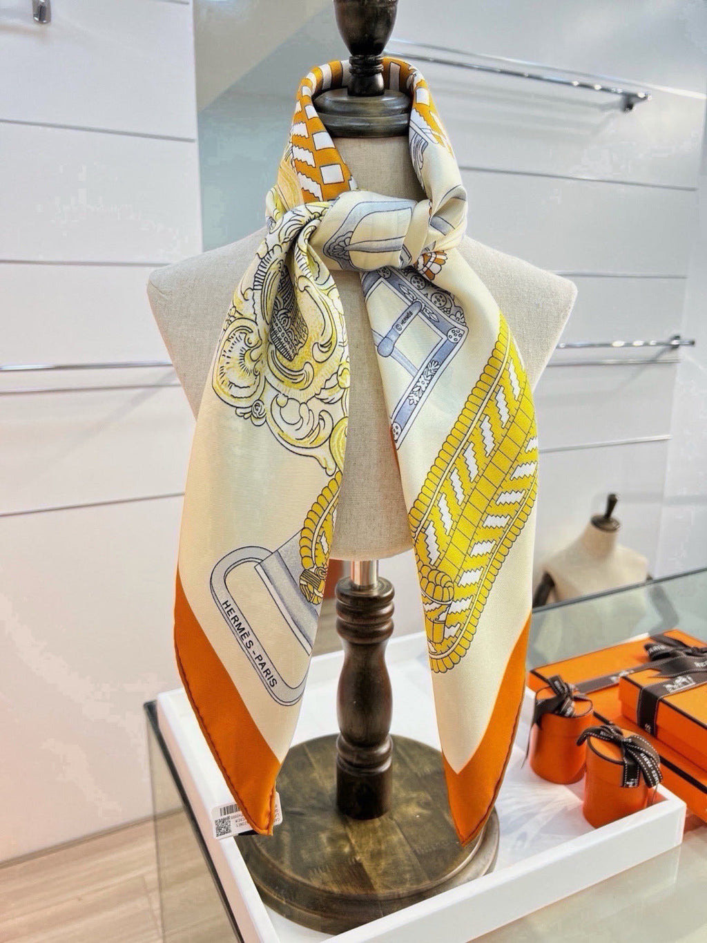 Hermes Style Boucles et Sangles Equestrian Silk Scarf - Yellow - Detail Image 7