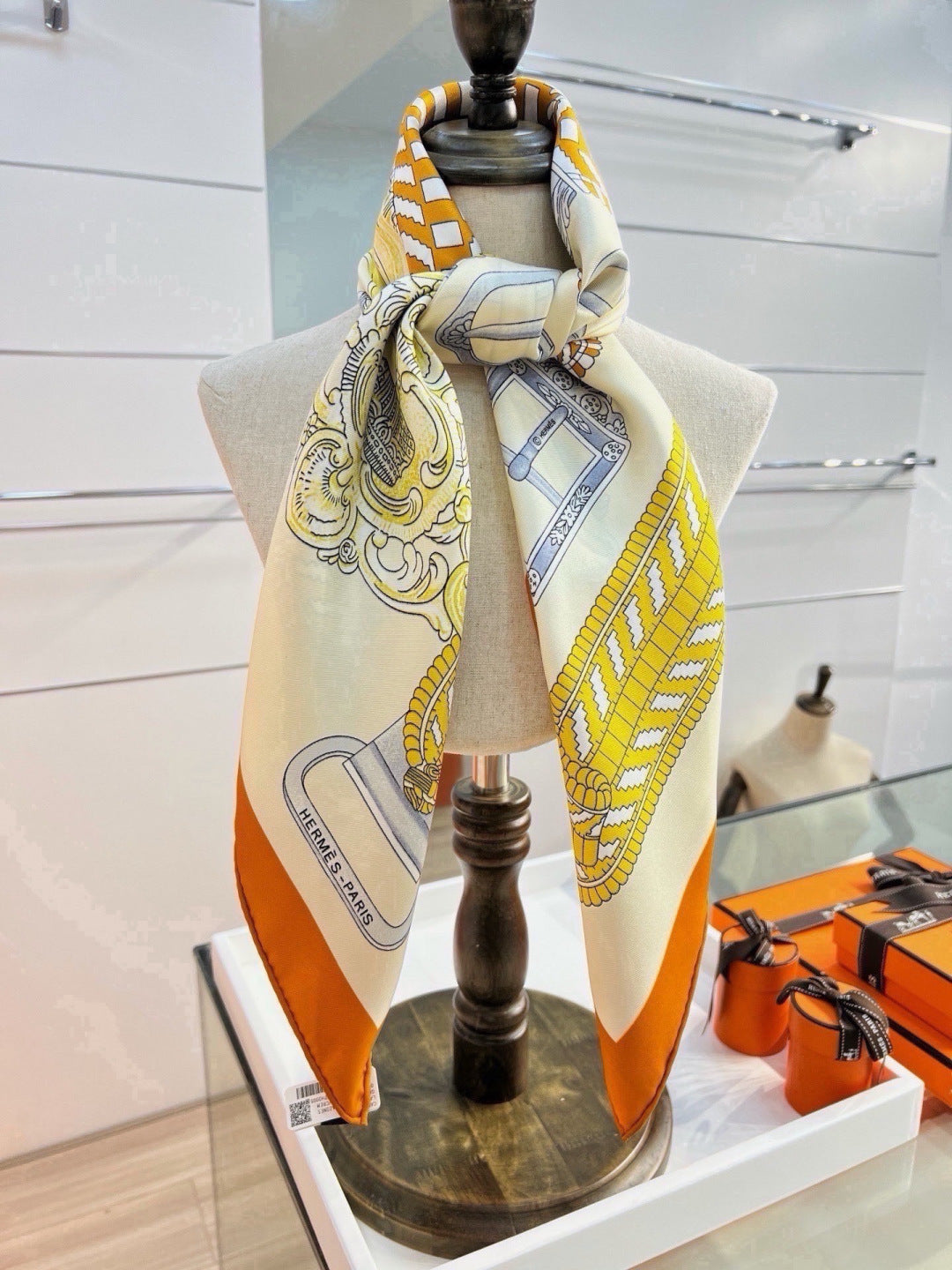 Hermes Style Boucles et Sangles Equestrian Silk Scarf - Yellow - Detail Image 7