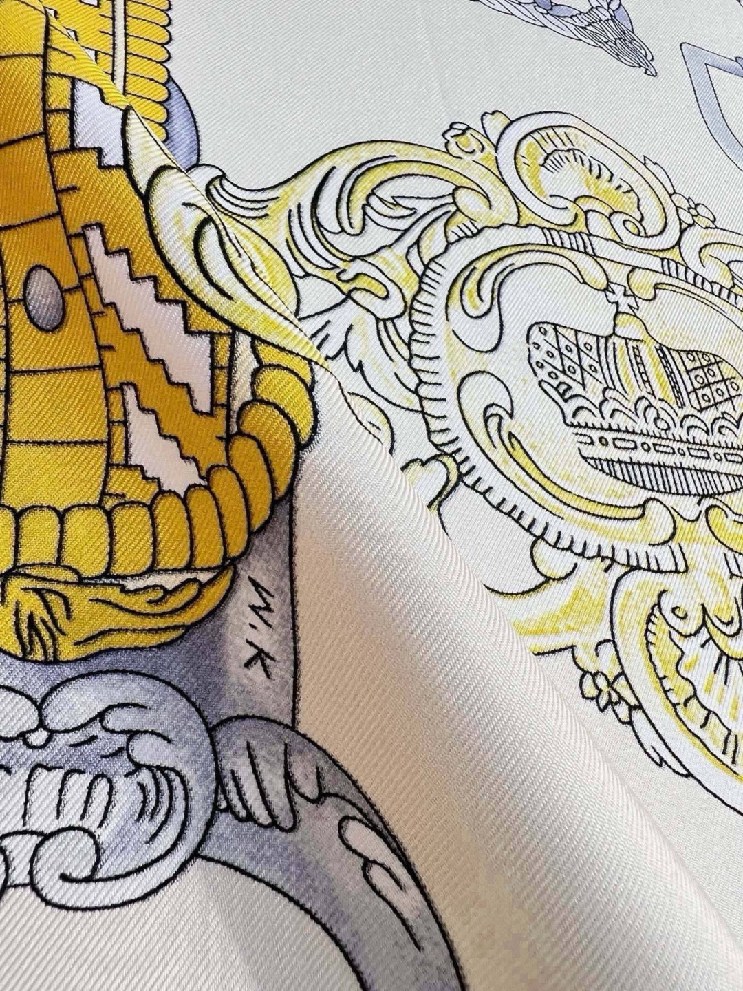 Hermes Style Boucles et Sangles Equestrian Silk Scarf - Yellow - Detail Image 8
