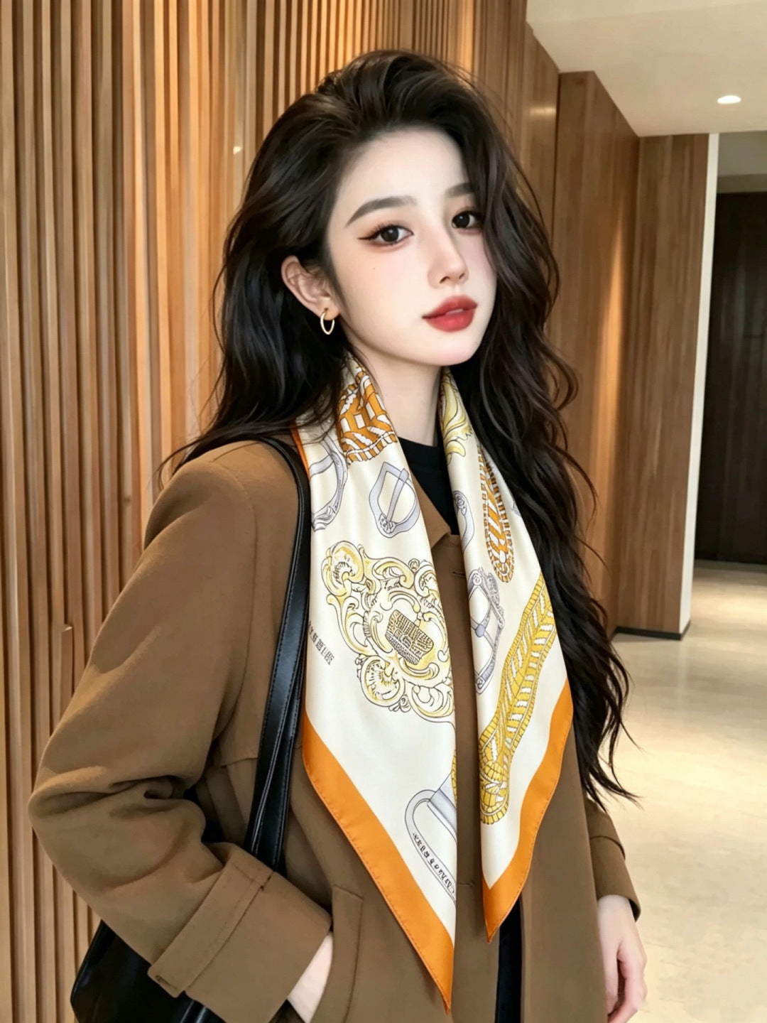 Hermes Style Boucles et Sangles Equestrian Silk Scarf - Yellow - Model Worn Main Image