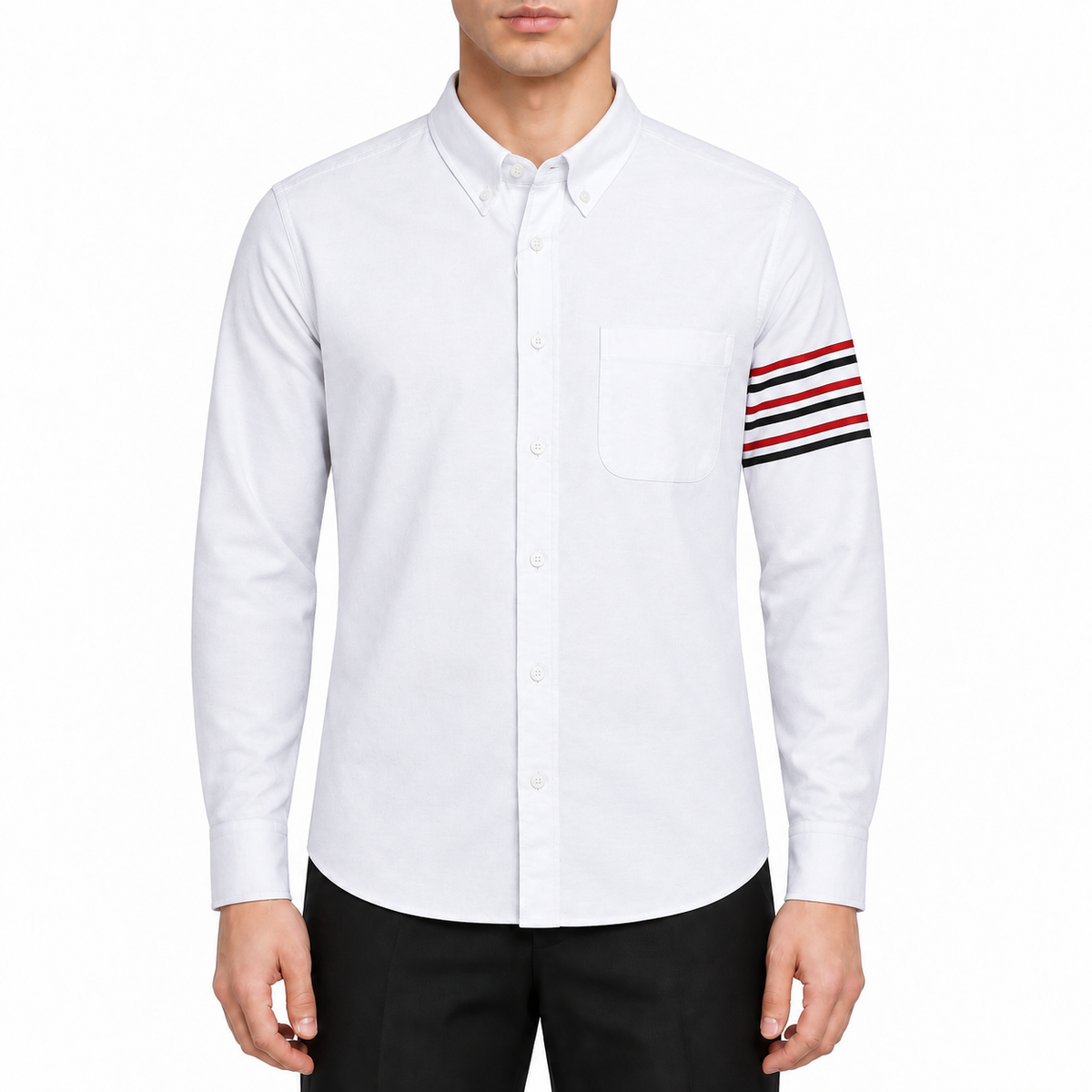 Men's Shirt by Thom Browne, modeled on a pure white background