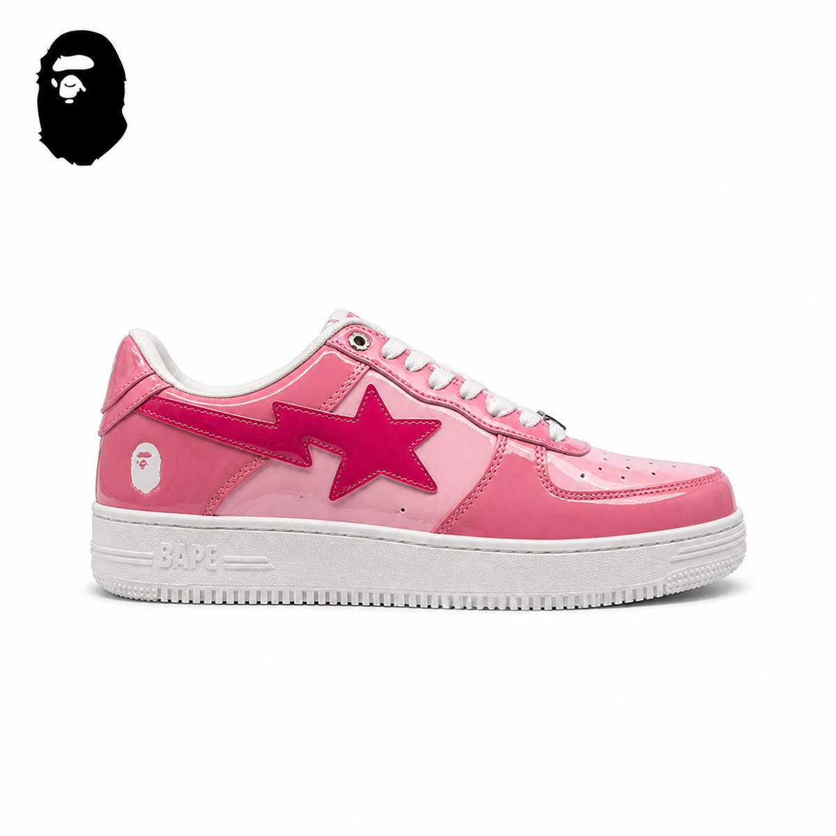 BAPE STA Tokyo Low-Top Sneakers - Pink/White, single side view on a white background