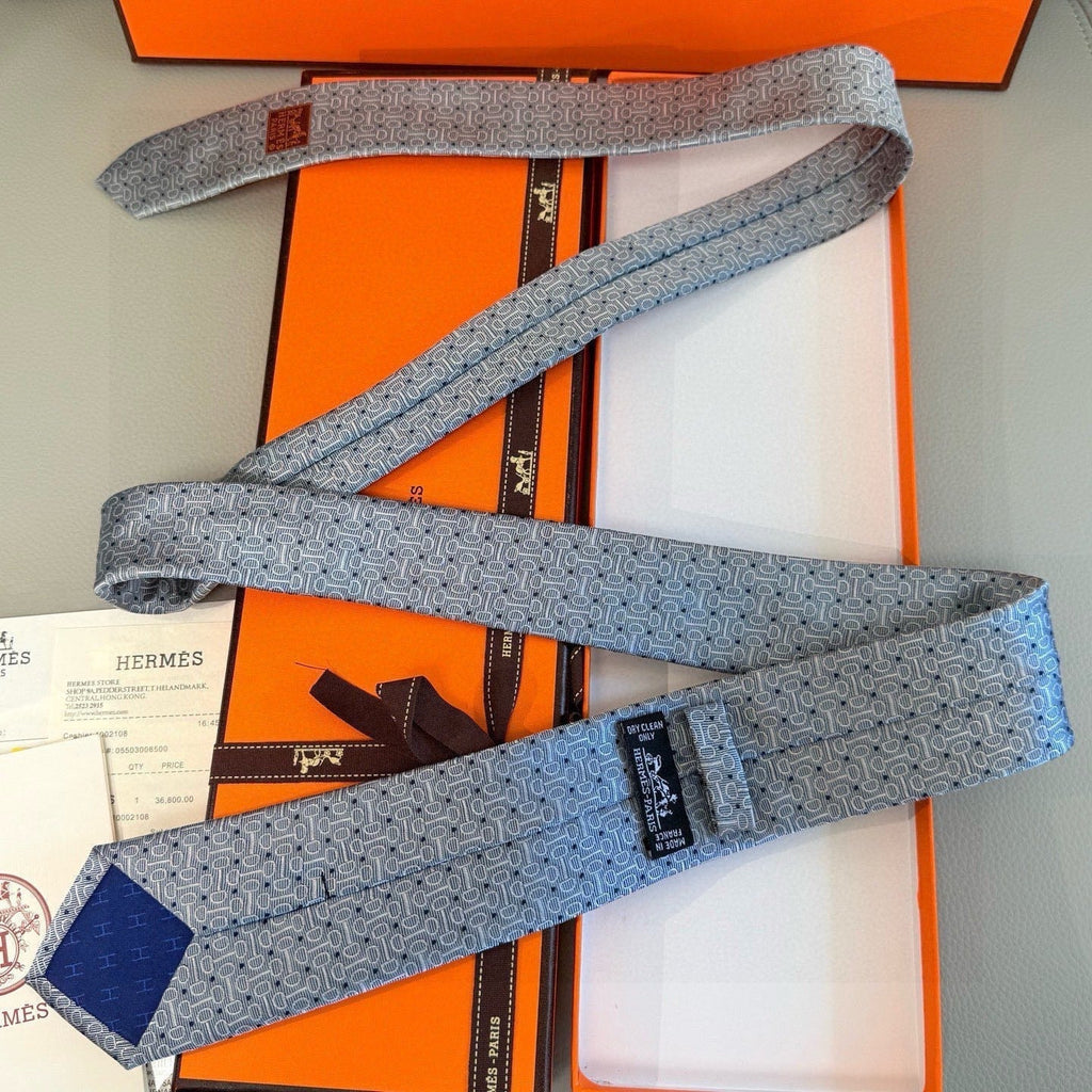 Hermes Style Men's Chain Motif Silk Tie - Detail Image 5