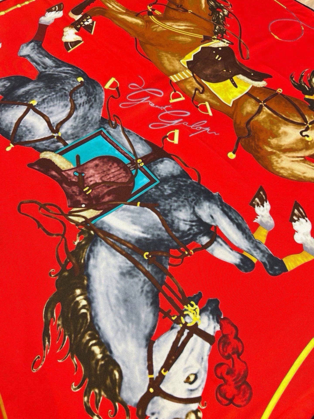 Hermes Style Galloping Free Equestrian Silk Scarf - Red - Detail Image 2