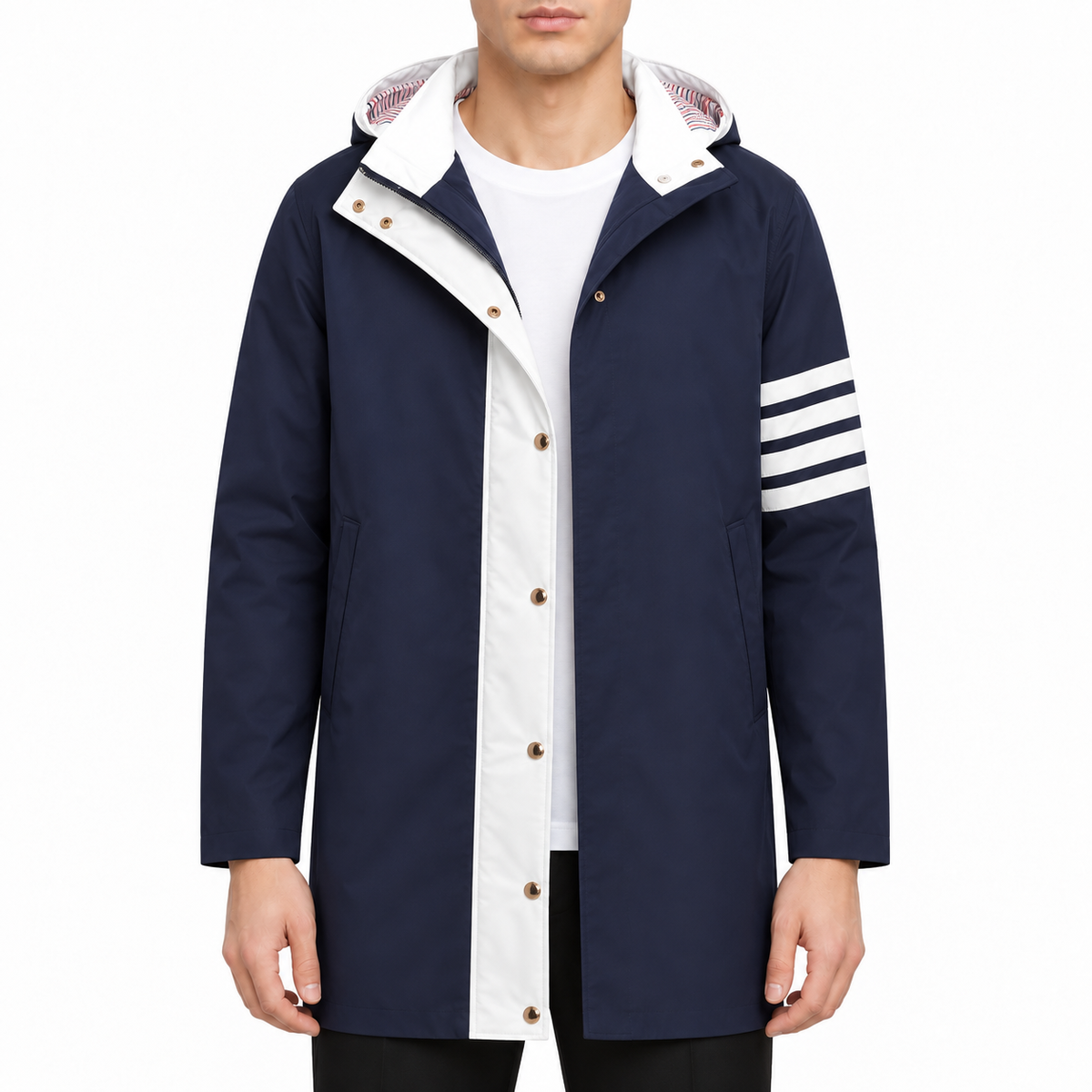 Women's Long Down Coat by Thom Browne, modeled on a pure white background