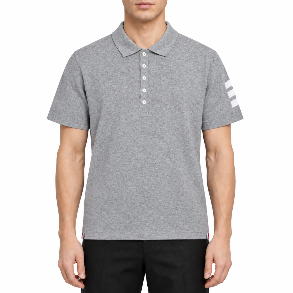 Four-bar sleeve T-shirt by Thom Browne, modeled on a pure white background
